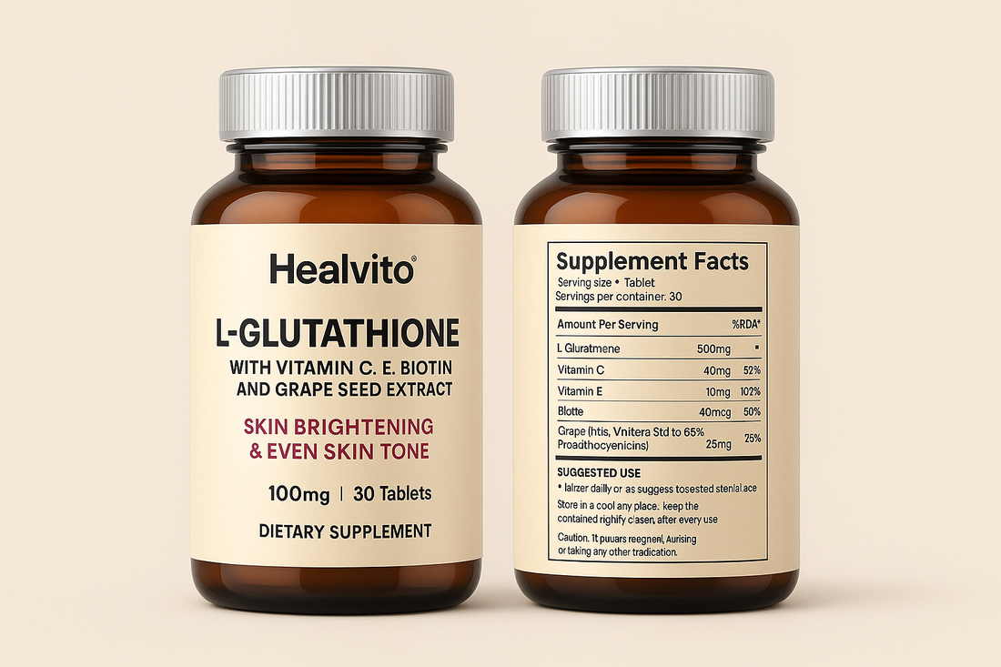L-Glutathione with Vitamin C, E, Biotin and Grape Seed Extract, For Skin Brightening & Even Skin Tone (30 Tab)