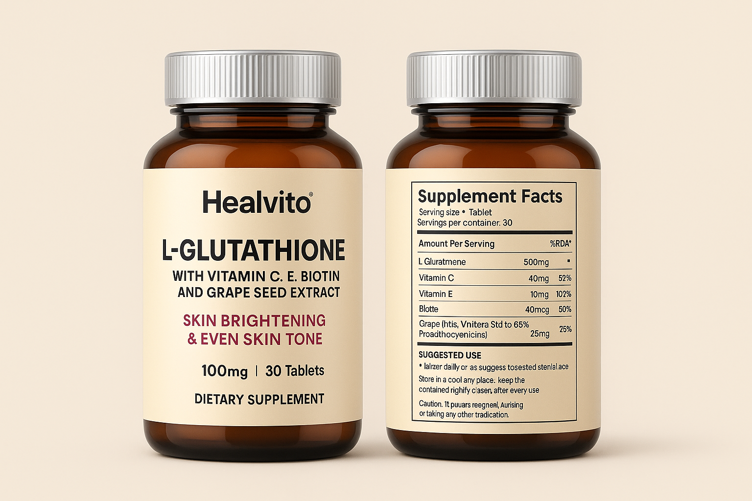 L-Glutathione with Vitamin C, E, Biotin and Grape Seed Extract, For Skin Brightening & Even Skin Tone (30 Tab)